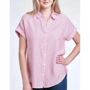 BLL | Pink Candy Cane Stripe Short Sleeve Button Front Collared Tunic Top Shirt